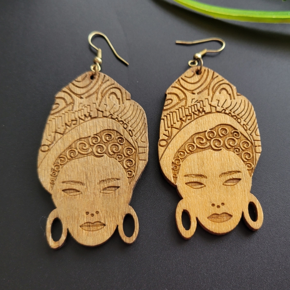 African Black Woman Silhouette Wood Earrings
